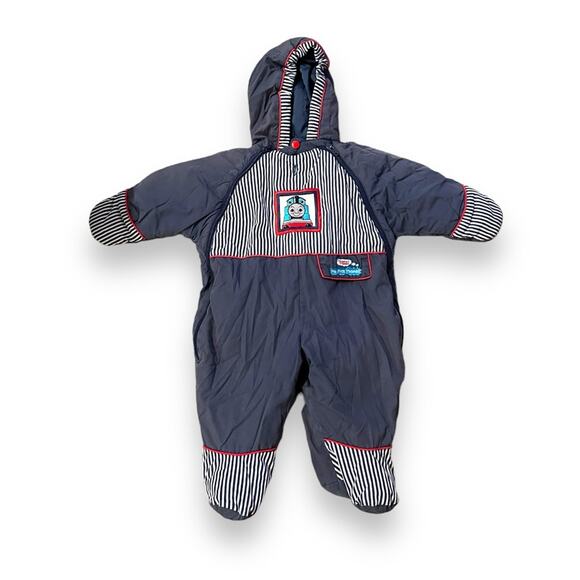 Vintage Y2K Thomas The Train Navy Blue & White Striped Snowsuit Sz 6-9‎ Months - Picture 1 of 11